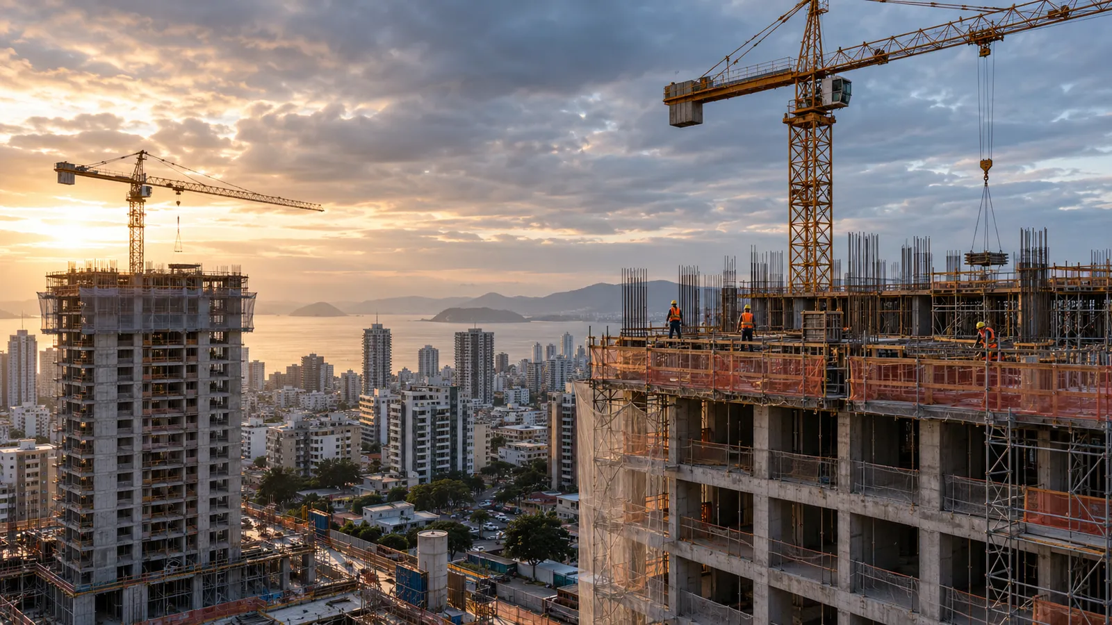 Prédios residenciais em construção, com guindastes e trabalhadores em um canteiro urbano ao amanhecer.