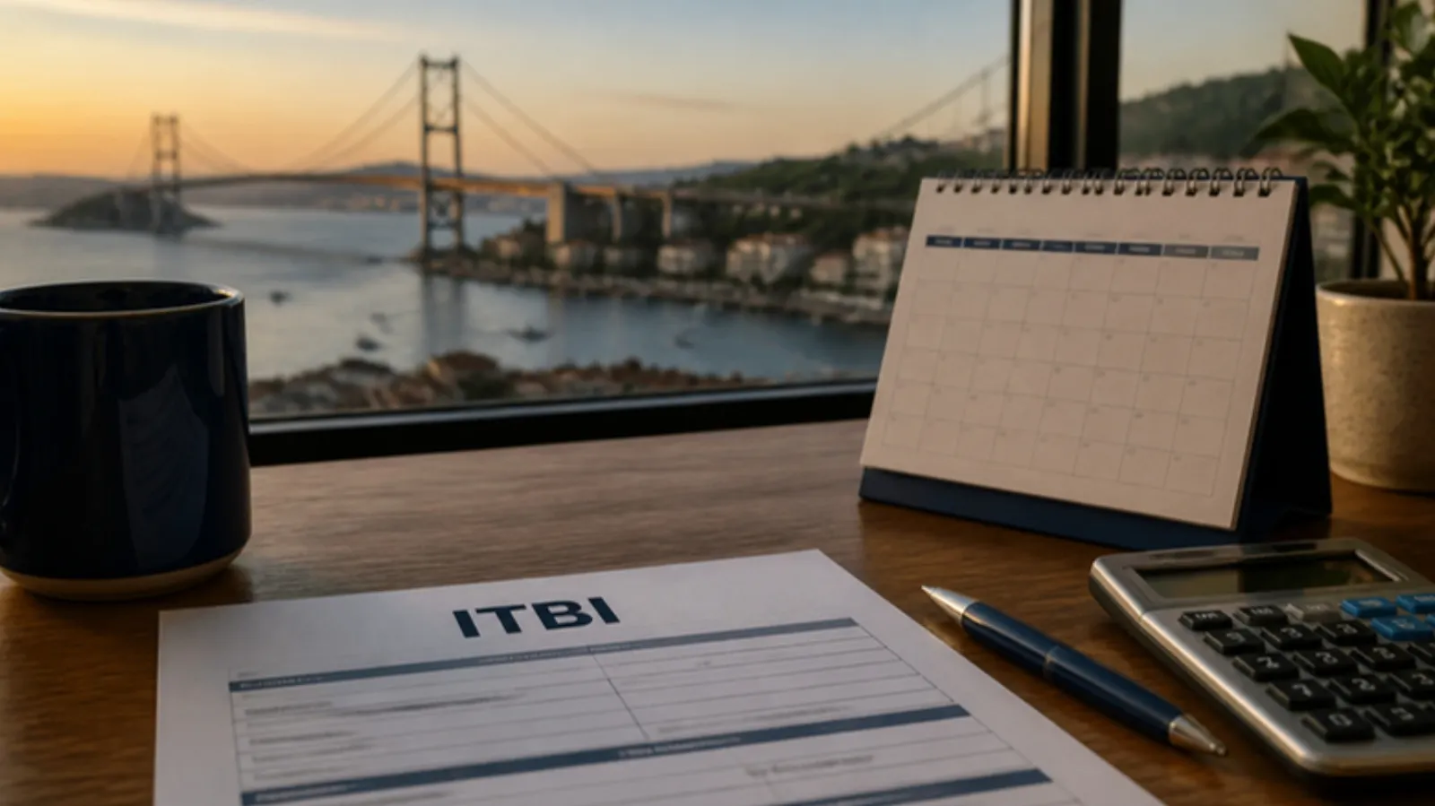 Guia de ITBI, calendário de mesa, caneta e calculadora diante de uma janela com vista para a Ponte Hercílio Luz, em Florianópolis.