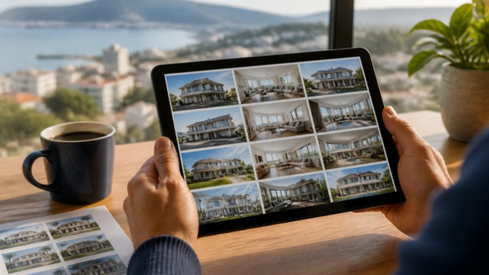 Mãos segurando um tablet com vários anúncios de imóveis lado a lado, com café e vista da cidade ao fundo.